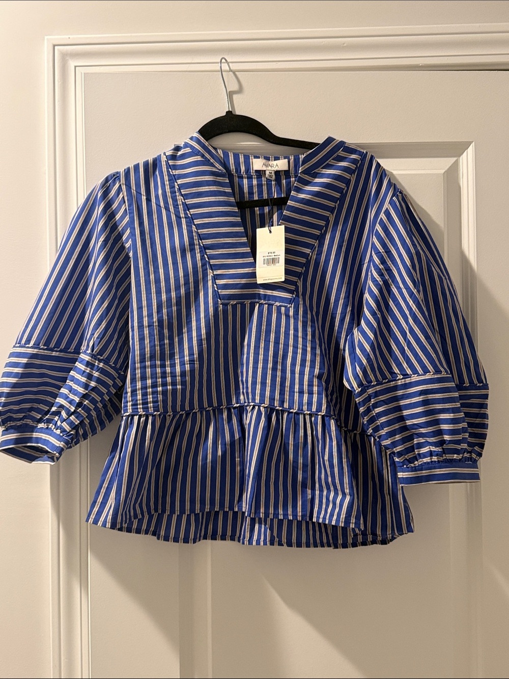 Naya Blue & White Striped Peplum Blouse with V-Notch Neck